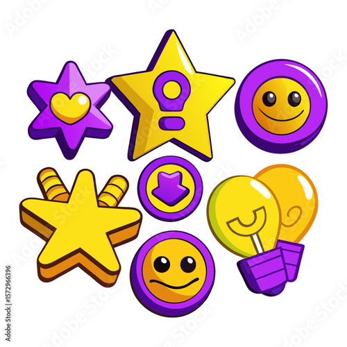 Yellow and purple cartoon stars smiley faces lightbulbs and arrow icons vector