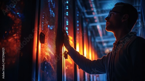 Systems engineer configuring server room with glowing racks