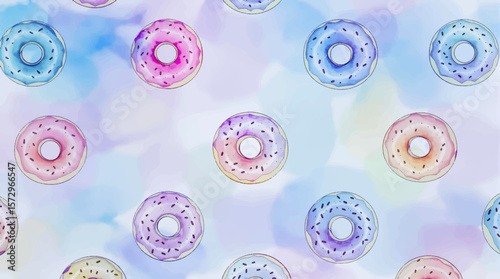 Hand-painted donuts in pastel shades, creating a fun and whimsical seamless design full of charm, creativity, and dessert-inspired delight