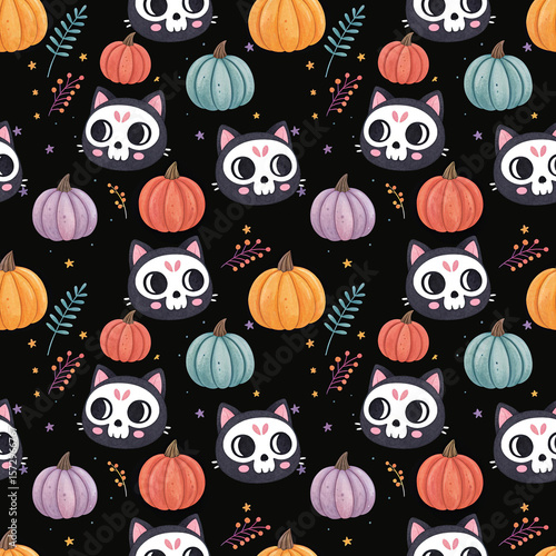 seamless watercolor pattern cat halloween concept on black background
