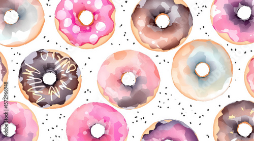 Colorful watercolor donuts arranged in a playful pattern, featuring soft icing tones and sprinkles that evoke sweetness and cheerful indulgence