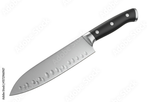 Professional chef knife with granton edge and black handle isolated on transparent background