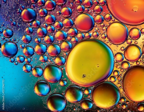 colorful oil bubbles against a vibrant background in abstract composition depicting fluidity and surface tension concept of science art and liquid dynamics