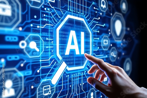 Person typing on laptop with ai graphics overlayed