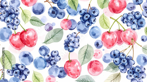 Hand-painted blueberries and pink berries in gentle tones, forming a seamless design inspired by garden beauty and organic elegance