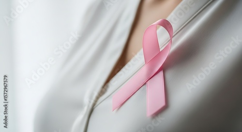 Close up of a woman wearing a white blouse with a pink ribbon of breast cancer awareness pinned to it symbolizing hope and support for the fight against the disease. Pink october