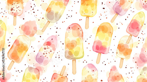 Hand-painted ice pops in vibrant pastel hues, forming a cheerful seamless design inspired by sunny days and carefree moments