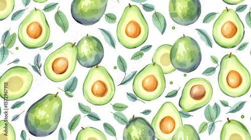 Hand-painted avocados in rich green tones, forming a playful seamless design inspired by natural textures and modern food aesthetics