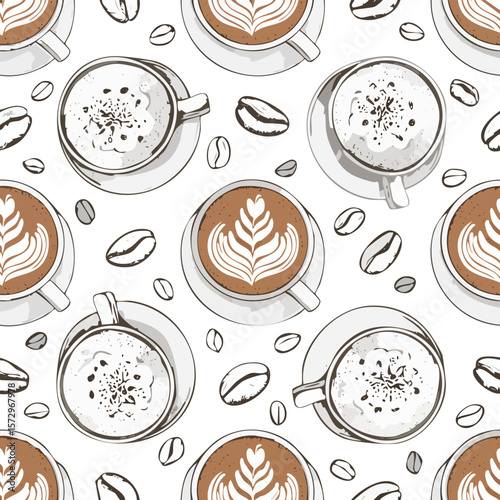 Hand drawn coffee cups with latte art and coffee beans seamless pattern cappuccino