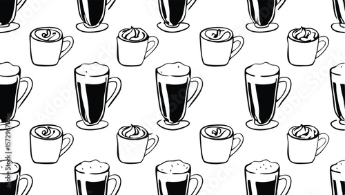 Black and white sketch pattern of coffee cups with whipped cream and foam drink beverage