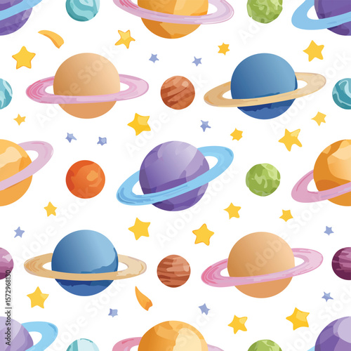 Seamless pattern of colorful cartoon planets and stars in space galaxy