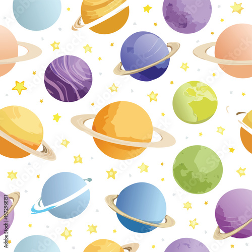 Seamless pattern of colorful cartoon planets and stars on white background space galaxy