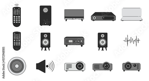 Illustration of a set of electronic devices on white background in grayscale tones