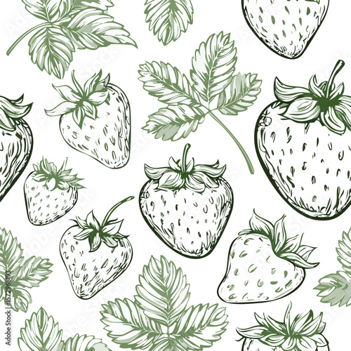 Hand drawn green strawberry and leaf pattern on white background strawberries fruit