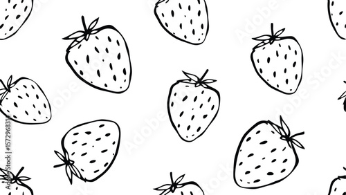 Hand drawn black and white strawberry pattern on white background fruit food