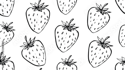 Black and white hand drawn strawberry pattern with seeds fruit food