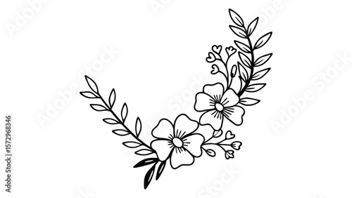 Black outline floral branch with flowers and leaves on white background botanical