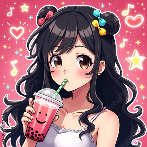  Japanese Anime Girl Holding Boba Drink