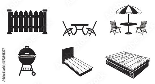 Black and white vector illustration of outdoor furniture elements for backyard scene