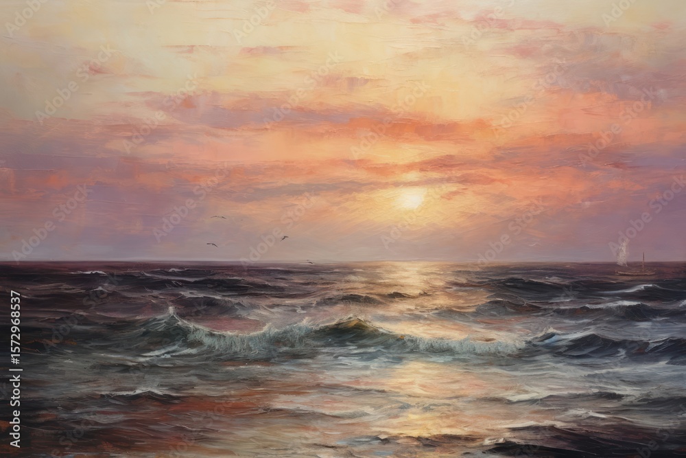 Sunset on sea painting landscape outdoors. Sunset on sea painting landscape outdoors.