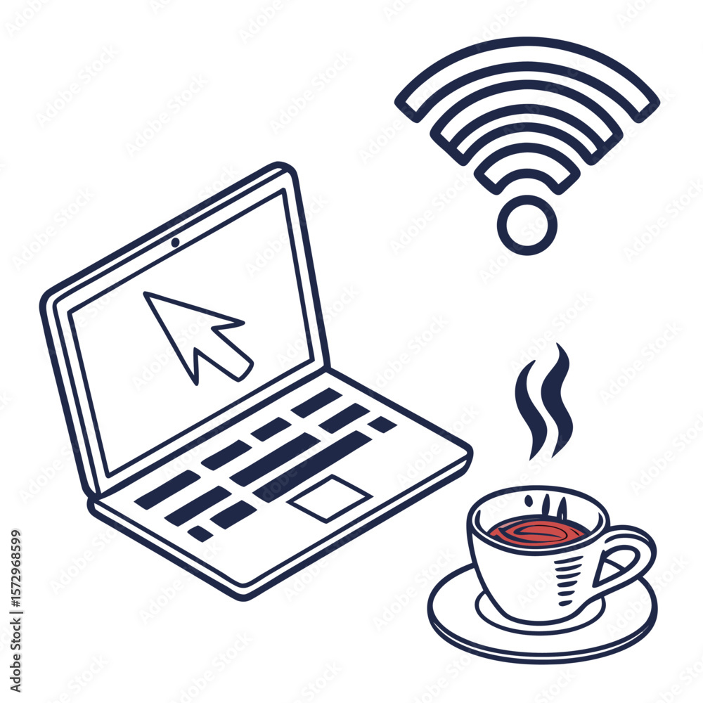 A simple line drawing of a laptop with a cursor on the screen a wi fi symbol and a steaming cup of coffee on a saucer representing remote work or study A simple line drawing of a laptop with a cursor on the screen a wi fi symbol and a steaming cup of coffee on a saucer representing remote work or study