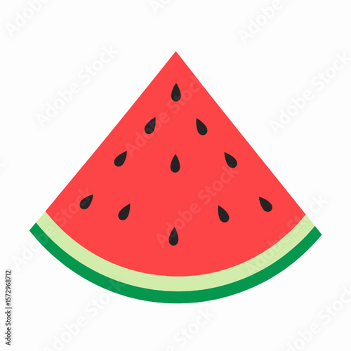 Isolated Watermelon Slice with Red Flesh Black Seeds and Green Rind on White Background
