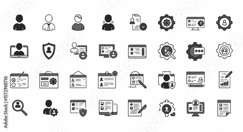 Collection of Various Black and White User Management and Profile Icons in Vector Format