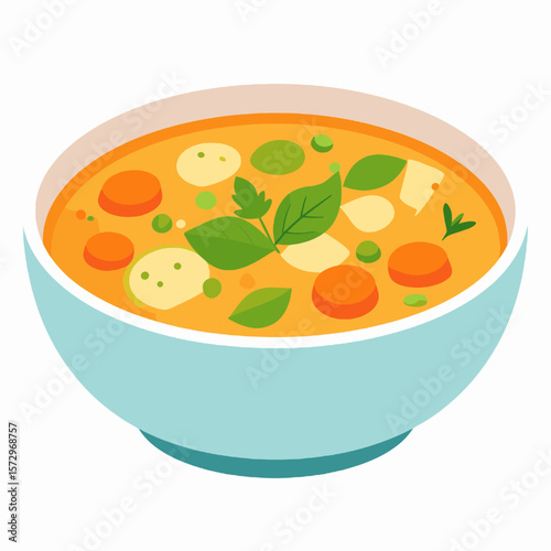 Isometric Bowl of Vegetable Soup with Carrots and Peas Light Blue Bowl