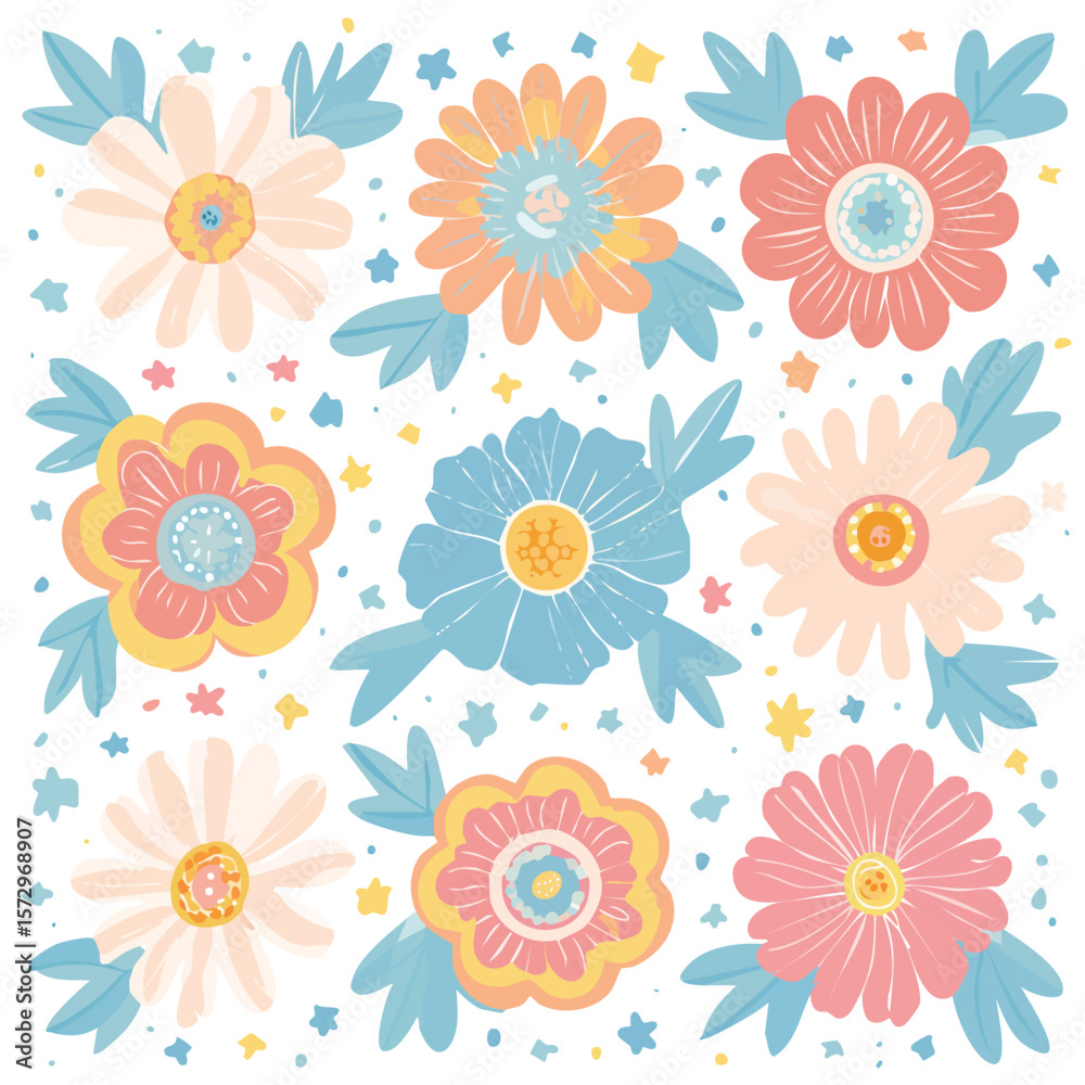 Nine colorful hand drawn flowers with blue leaves and small star shapes floral pattern Nine colorful hand drawn flowers with blue leaves and small star shapes floral pattern