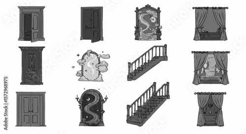Monochrome illustration featuring a collection of interior design elements and architectural details