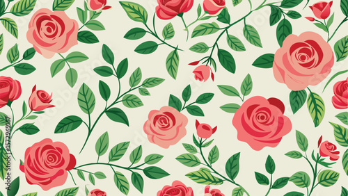 Pink and red roses with green leaves floral pattern on cream background pink roses