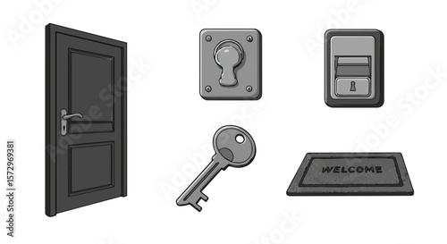 Illustration of a door, key, lock, card reader, and welcome mat on white background