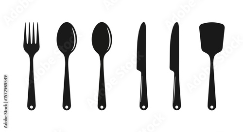 Minimalist Kitchen Utensils Illustration Featuring Black Silhouettes on White Background