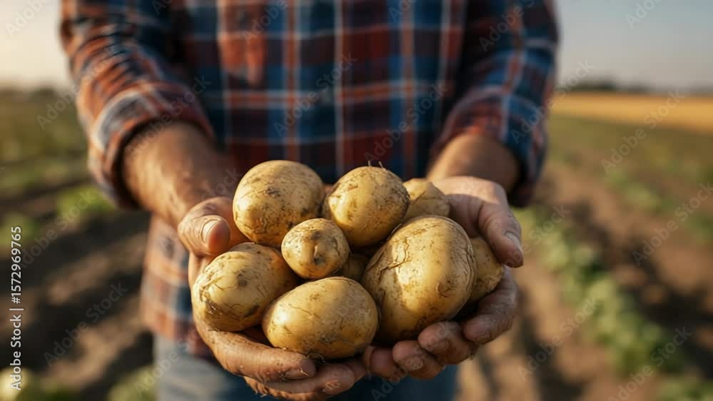 Farmer Holding Freshly Harvested Potatoes in Hands on Sunny Day in Field Farmer Holding Freshly Harvested Potatoes in Hands on Sunny Day in Field