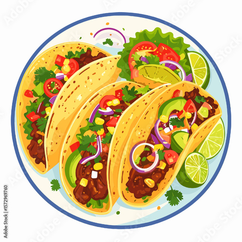 Overhead View of a Plate Full of Colorful and Delicious Tacos Topped with Fresh Vegetables and Garnished with Lime Wedges on White Plate