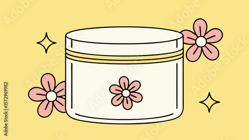 Vector illustration of a cosmetic cream jar decorated with flowers for beauty product marketing and advertising