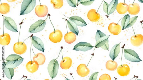 Watercolor cherries on white background seamless vector pattern