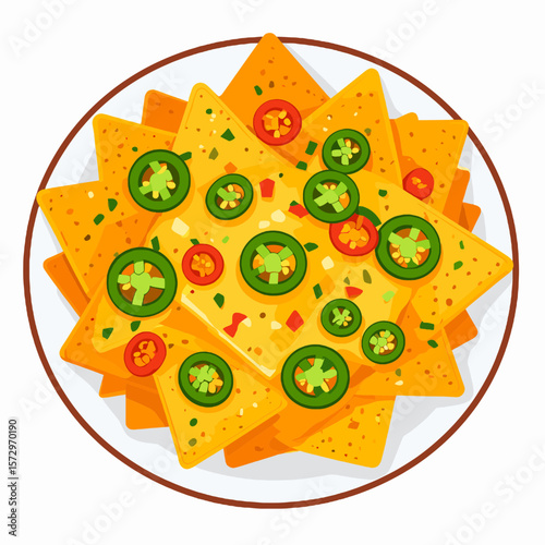 Overhead View of Loaded Nachos with Jalapenos and Tomato on White Plate Featuring Yellow Tortilla Chips and Colorful Vegetables