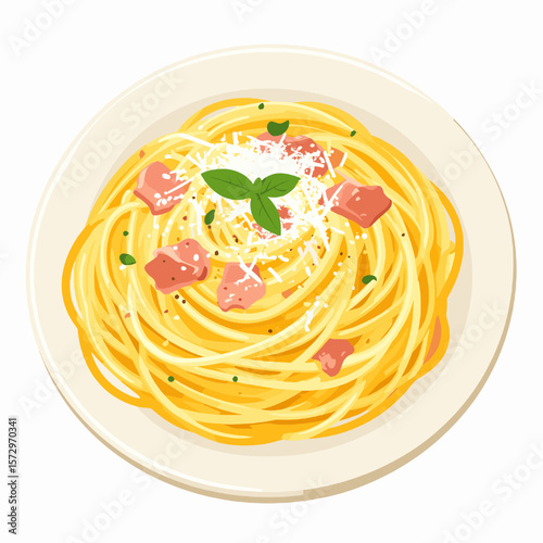 Overhead View of Spaghetti Carbonara with Parmesan Cheese and Basil on White Plate Delicious Italian Cuisine