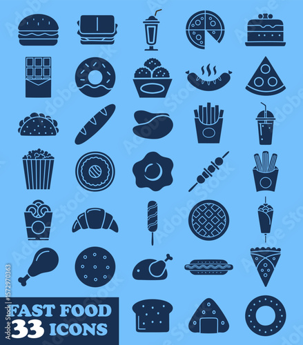 Fast food blue icons vector set