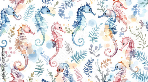 Elegant seamless design featuring colorful seahorses and marine foliage, perfect for coastal-themed decor and textiles