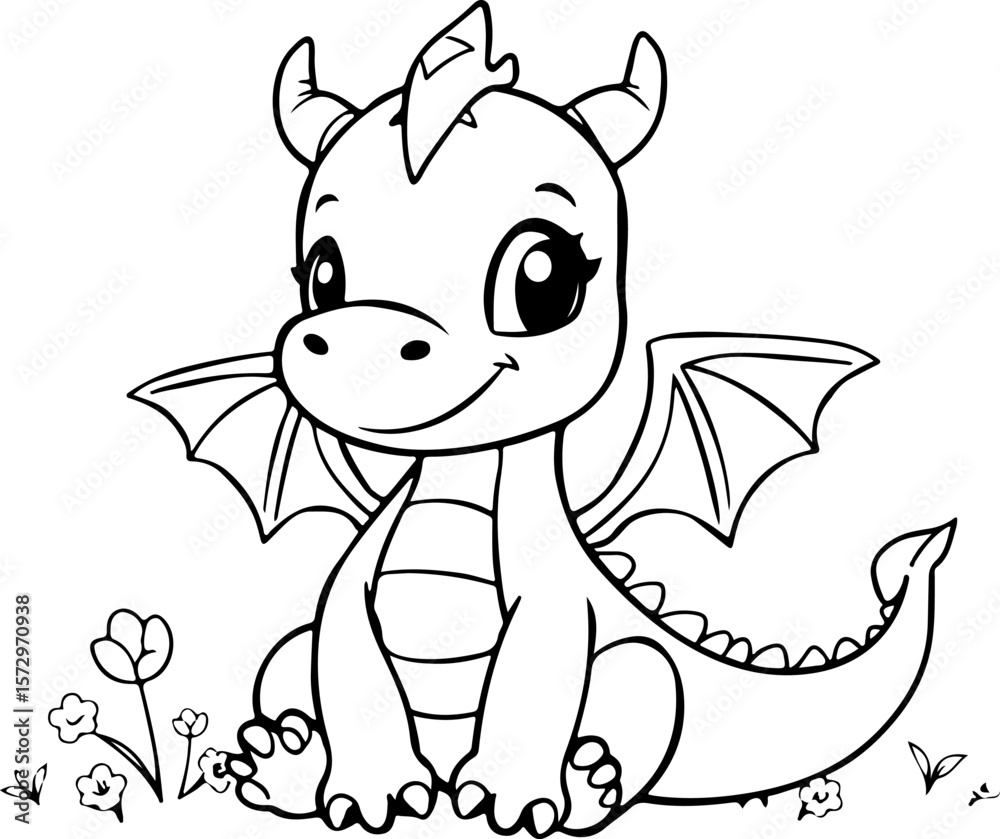 a black and white illustration of a cute dragon coloring page. a black and white illustration of a cute dragon coloring page.