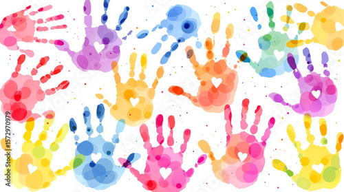 Children seamless pattern colored of hand print. Colorful kid handprint background. Children's handprints vector illustration of a prints of palms. Template kids hands, watercolor, baby palms.