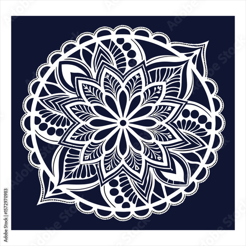 Intricate white mandala design with geometric patterns on a dark blue background