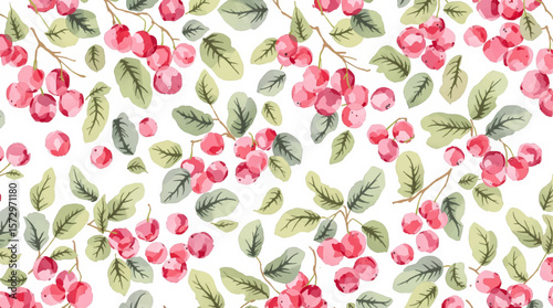 Summer-inspired seamless pattern with colorful berries and delicate greenery in a lively arrangement