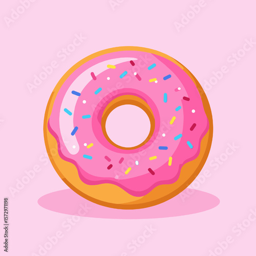 Pink Glazed Donut with Colorful Sprinkles on Light Pink Background Digital Illustration
