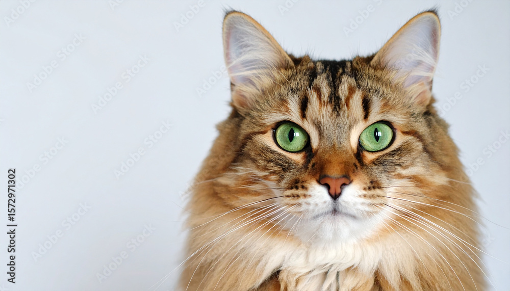 Fototapeta premium Closeup portrait of fluffy brown tabby cat with striking green eyes and long whiskers against clean white background, showing detailed fur texture and calm expression