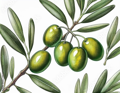 sketch of olive tree branch with green olives object vegetarian vegetable food salad ingredient and seasoning pack design for italian mediterranean greek or spanish cuisine