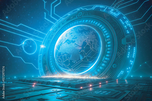 Futuristic technology background with glowing circle mesh and blue neon light effect. Future world backdrop design concept powered by AI artificial intelligence.
