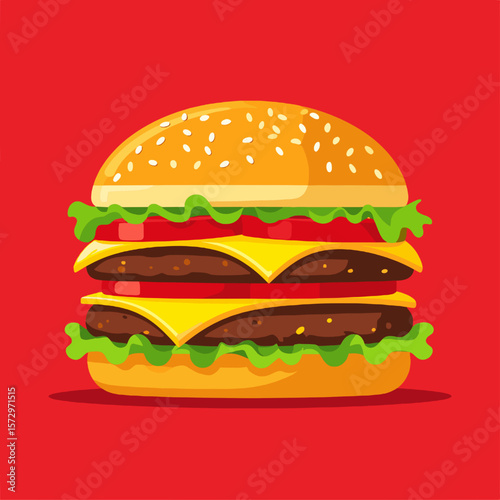 Pixel Art Double Cheeseburger with Lettuce and Tomato on Red Background